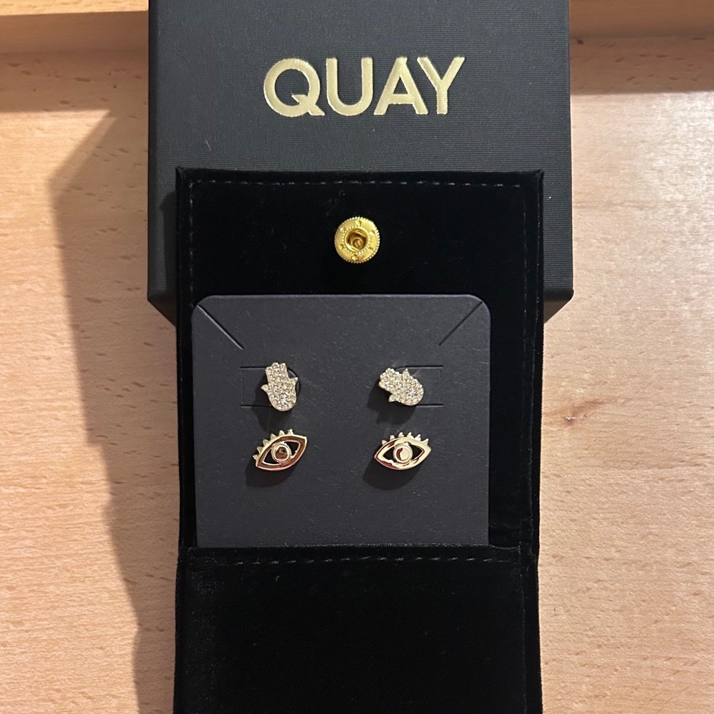Quay Australia Hamsa Hand and Evil Eye Gold Tone Stud Earring Set w/ Box Pouch